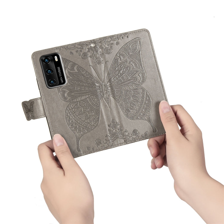 For Huawei P40 Butterfly Love Flower Embossed Horizontal Flip Leather Case with Bracket / Card Slot / Wallet / Lanyard(Gray)