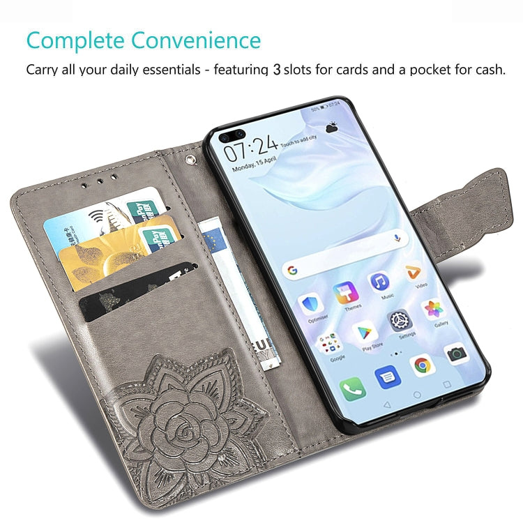For Huawei P40 Butterfly Love Flower Embossed Horizontal Flip Leather Case with Bracket / Card Slot / Wallet / Lanyard(Gray)
