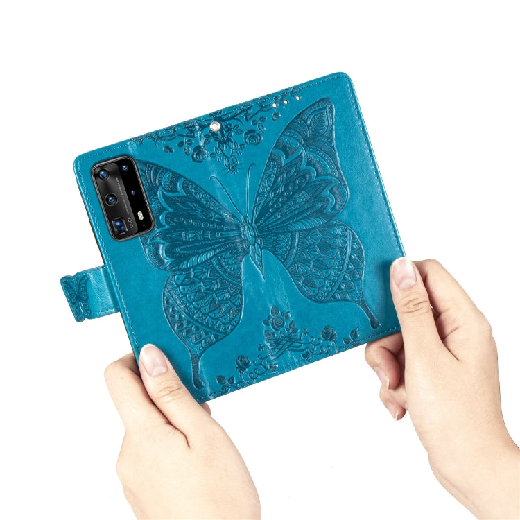 For Huawei P40 Pro Butterfly Love Flower Embossed Horizontal Flip Leather Case with Bracket / Card Slot / Wallet / Lanyard(Blue)