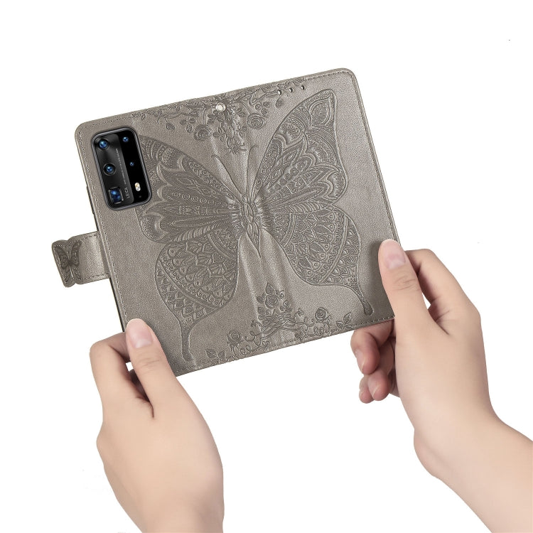 For Huawei P40 Pro Butterfly Love Flower Embossed Horizontal Flip Leather Case with Bracket / Card Slot / Wallet / Lanyard(Gray)