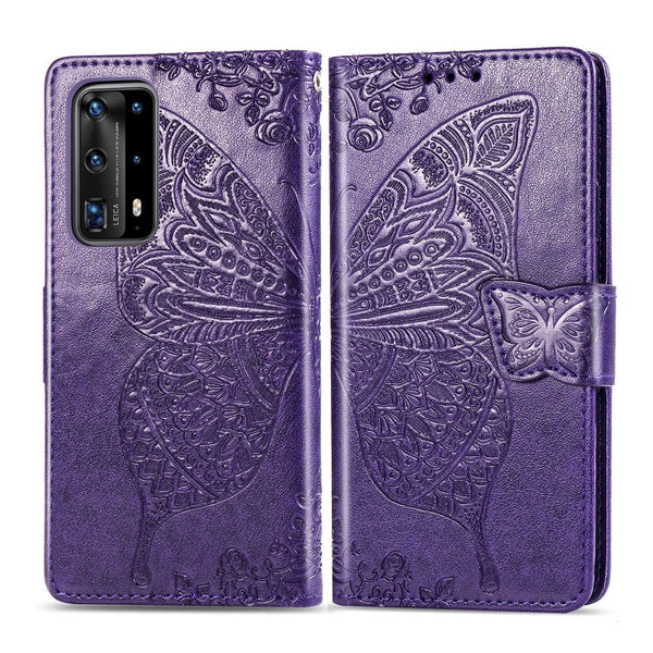 For Huawei P40 Pro Butterfly Love Flower Embossed Horizontal Flip Leather Case with Bracket / Card Slot / Wallet / Lanyard(Dark Purple)