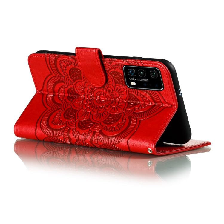 For Huawei P40 Mandala Embossing Pattern Horizontal Flip Leather Case with Holder & Card Slots & Wallet & Photo Frame & Lanyard(Red)
