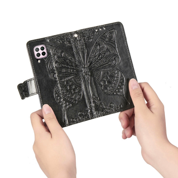 For Huawei P40 Lite/Nova 7i/Nova 6SE Butterfly Love Flower Embossed Horizontal Flip Leather Case with Bracket / Card Slot / Wallet / Lanyard(Black)