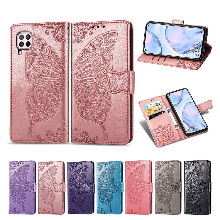 For Huawei P40 Lite/Nova 7i/Nova 6SE Butterfly Love Flower Embossed Horizontal Flip Leather Case with Bracket / Card Slot / Wallet / Lanyard(Blue)