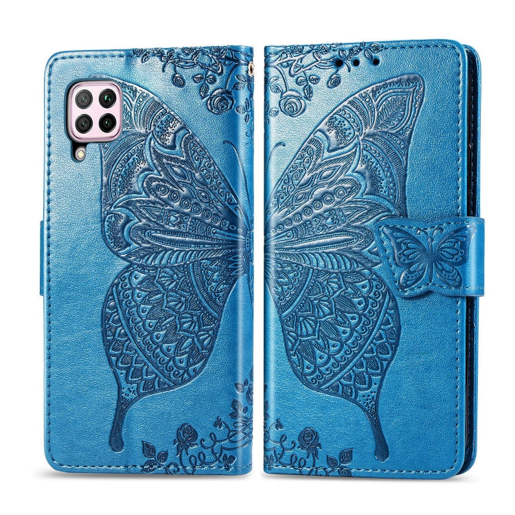 For Huawei P40 Lite/Nova 7i/Nova 6SE Butterfly Love Flower Embossed Horizontal Flip Leather Case with Bracket / Card Slot / Wallet / Lanyard(Blue)