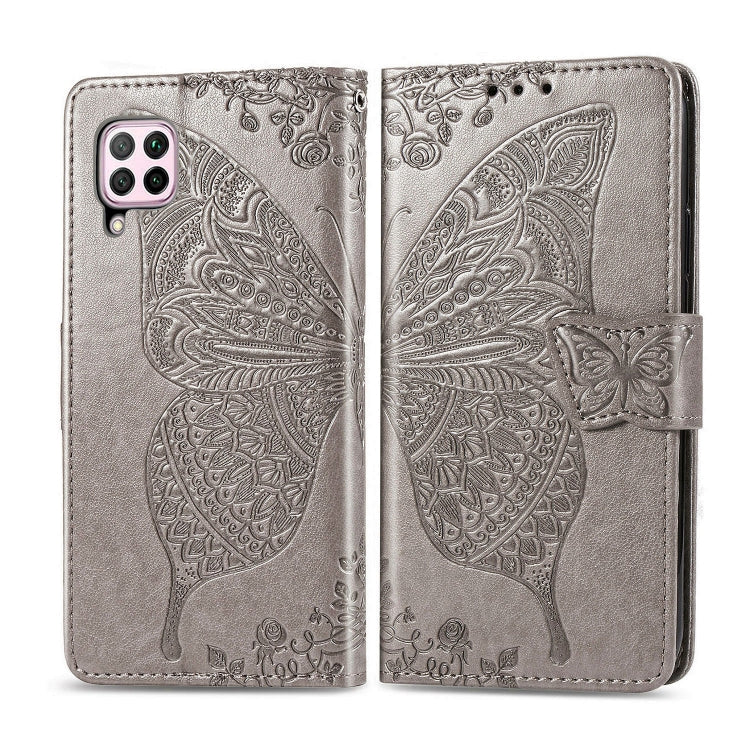 For Huawei P40 Lite/Nova 7i/Nova 6SE Butterfly Love Flower Embossed Horizontal Flip Leather Case with Bracket / Card Slot / Wallet / Lanyard(Gray)