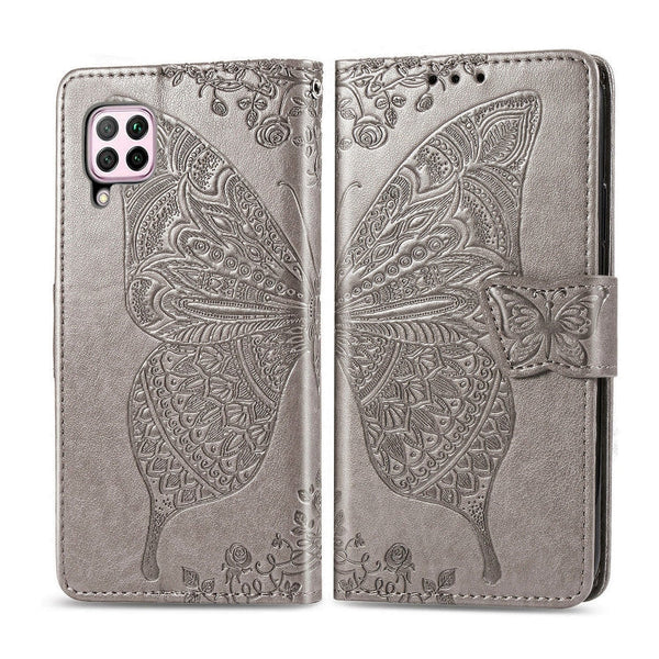 For Huawei P40 Lite/Nova 7i/Nova 6SE Butterfly Love Flower Embossed Horizontal Flip Leather Case with Bracket / Card Slot / Wallet / Lanyard(Gray)