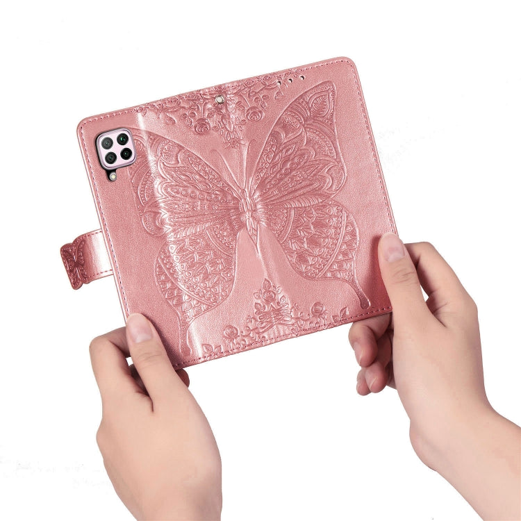 For Huawei P40 Lite/Nova 7i/Nova 6SE Butterfly Love Flower Embossed Horizontal Flip Leather Case with Bracket / Card Slot / Wallet / Lanyard(Rose Gold)