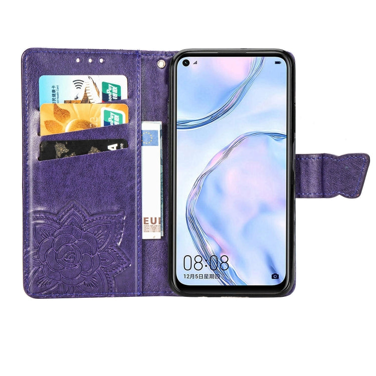 For Huawei P40 Lite/Nova 7i/Nova 6SE Butterfly Love Flower Embossed Horizontal Flip Leather Case with Bracket / Card Slot / Wallet / Lanyard(Dark Purple)