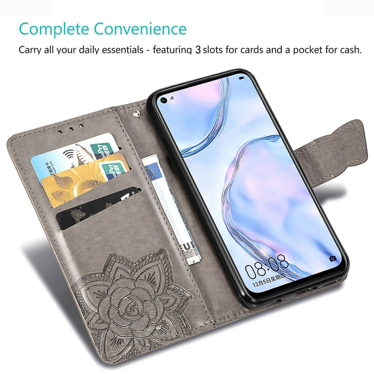 For Huawei P40 Lite/Nova 7i/Nova 6SE Butterfly Love Flower Embossed Horizontal Flip Leather Case with Bracket / Card Slot / Wallet / Lanyard(Dark Purple)
