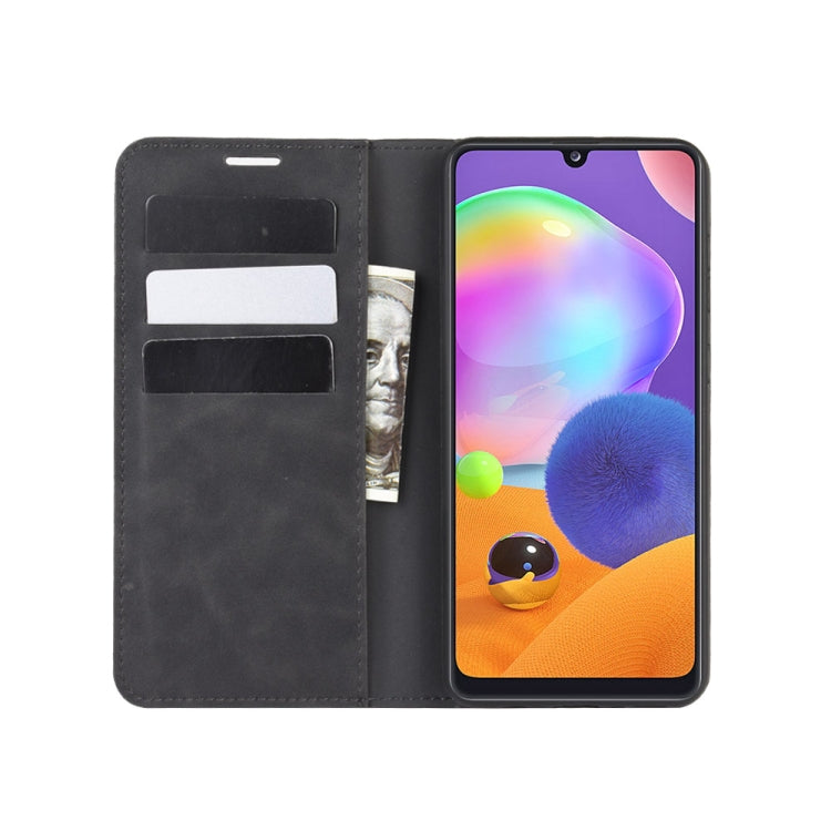 For Galaxy A31 Retro-skin Business Magnetic Suction Leather Case with Holder & Card Slots & Wallet(Black)