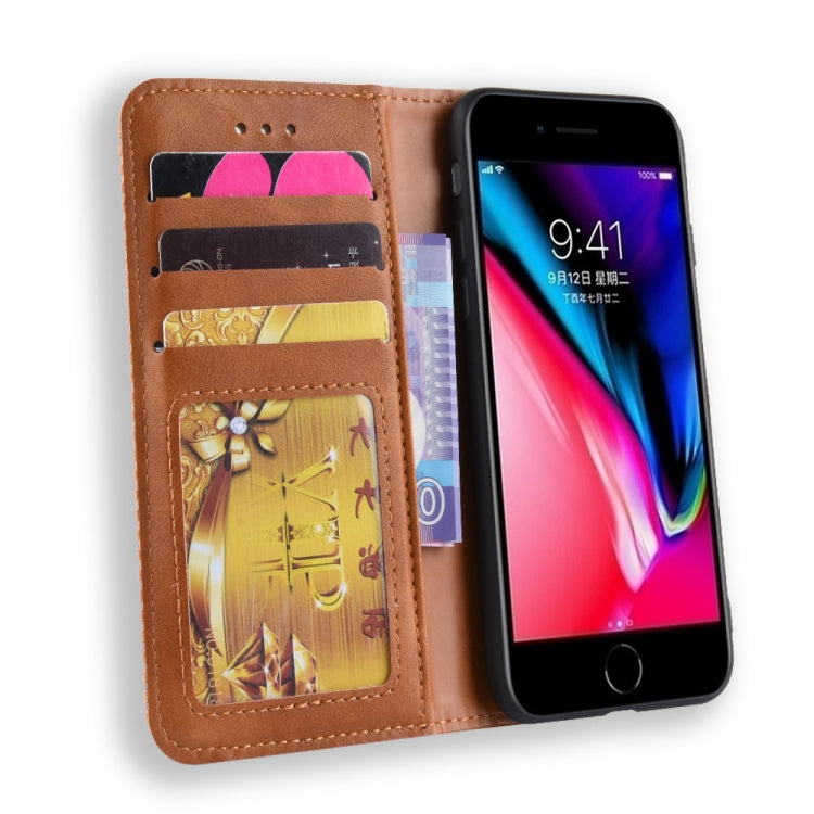 For iPhone SE 2022 / SE 2020 Magnetic Buckle Retro Crazy Horse Texture Horizontal Flip Leather Case , with Holder & Card Slots & Photo Frame(Brown)