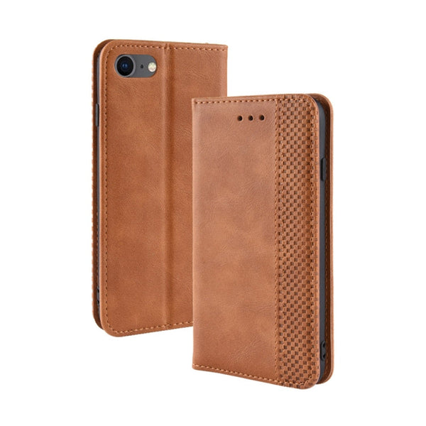 For iPhone SE 2022 / SE 2020 Magnetic Buckle Retro Crazy Horse Texture Horizontal Flip Leather Case , with Holder & Card Slots & Photo Frame(Brown)
