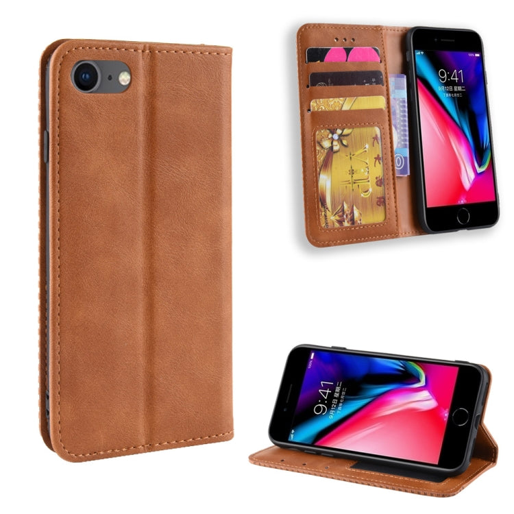 For iPhone SE 2022 / SE 2020 Magnetic Buckle Retro Crazy Horse Texture Horizontal Flip Leather Case , with Holder & Card Slots & Photo Frame(Brown)