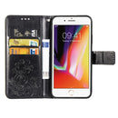 For iPhone SE 2022 / SE 2020 Four-leaf Clasp Embossed Buckle Mobile Phone Protection Leather Case with Lanyard & Card Slot & Wallet & Bracket Function(Black)