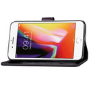 For iPhone SE 2022 / SE 2020 Four-leaf Clasp Embossed Buckle Mobile Phone Protection Leather Case with Lanyard & Card Slot & Wallet & Bracket Function(Black)