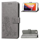 For iPhone SE 2022 / SE 2020 Four-leaf Clasp Embossed Buckle Mobile Phone Protection Leather Case with Lanyard & Card Slot & Wallet & Bracket Function(Gray)