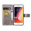 For iPhone SE 2022 / SE 2020 Four-leaf Clasp Embossed Buckle Mobile Phone Protection Leather Case with Lanyard & Card Slot & Wallet & Bracket Function(Gray)