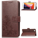For iPhone SE 2022 / SE 2020 Four-leaf Clasp Embossed Buckle Mobile Phone Protection Leather Case with Lanyard & Card Slot & Wallet & Bracket Function(Brown)