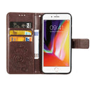 For iPhone SE 2022 / SE 2020 Four-leaf Clasp Embossed Buckle Mobile Phone Protection Leather Case with Lanyard & Card Slot & Wallet & Bracket Function(Brown)