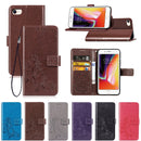For iPhone SE 2022 / SE 2020 Four-leaf Clasp Embossed Buckle Mobile Phone Protection Leather Case with Lanyard & Card Slot & Wallet & Bracket Function(Brown)