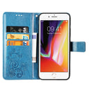 For iPhone SE 2022 / SE 2020 Four-leaf Clasp Embossed Buckle Mobile Phone Protection Leather Case with Lanyard & Card Slot & Wallet & Bracket Function(Blue)