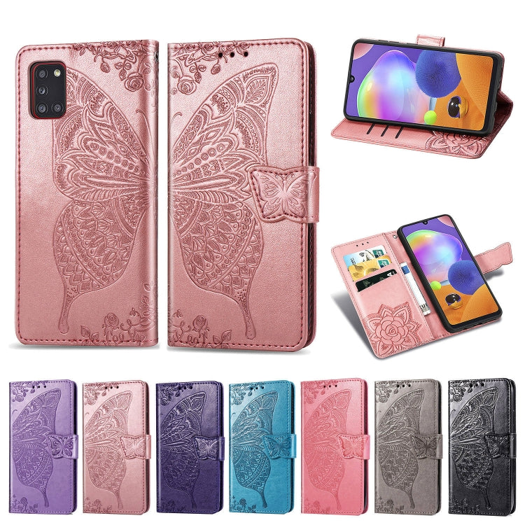 For Galaxy A31 Butterfly Love Flower Embossed Horizontal Flip Leather Case with Bracket / Card Slot / Wallet / Lanyard(Rose Gold)