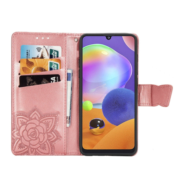 For Galaxy A31 Butterfly Love Flower Embossed Horizontal Flip Leather Case with Bracket / Card Slot / Wallet / Lanyard(Rose Gold)
