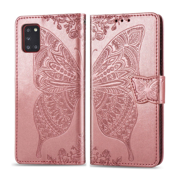 For Galaxy A31 Butterfly Love Flower Embossed Horizontal Flip Leather Case with Bracket / Card Slot / Wallet / Lanyard(Rose Gold)