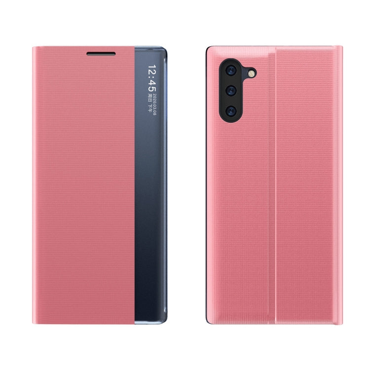 For Galaxy Note 10 Plus Side Display Magnetic Horizontal Flip Plain Texture Cloth + PC Case with Holder & Sleep / Wake-up Function(Pink)