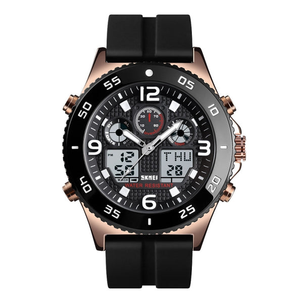 SKMEI 1538 Multi-Function Time Large Dial Steel Belt Men Casual Sports Electronic Watch(Rose Gold-Silicone Belt)