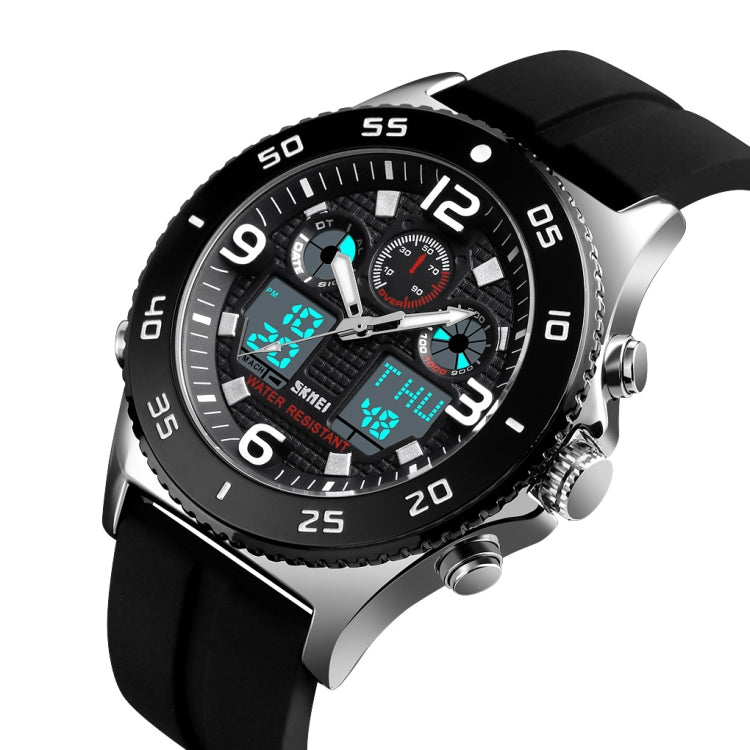 SKMEI 1538 Multi-Function Time Large Dial Steel Belt Men Casual Sports Electronic Watch(Silver-Silicone Belt)