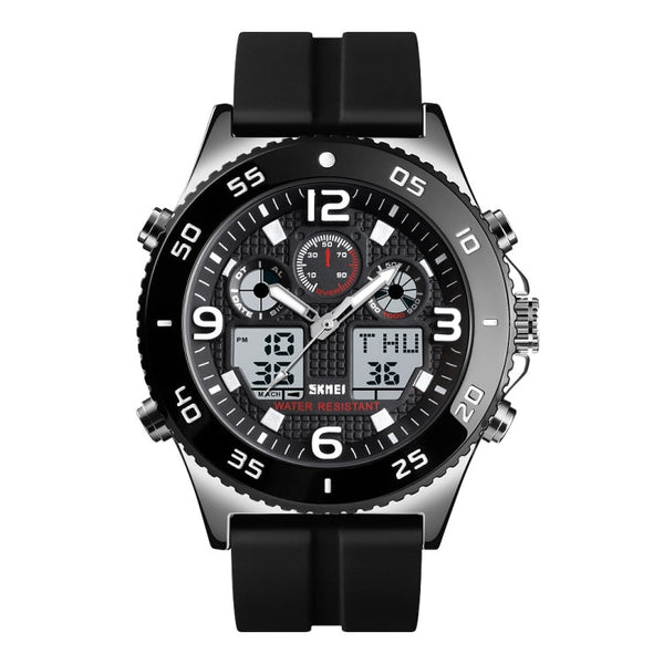 SKMEI 1538 Multi-Function Time Large Dial Steel Belt Men Casual Sports Electronic Watch(Silver-Silicone Belt)