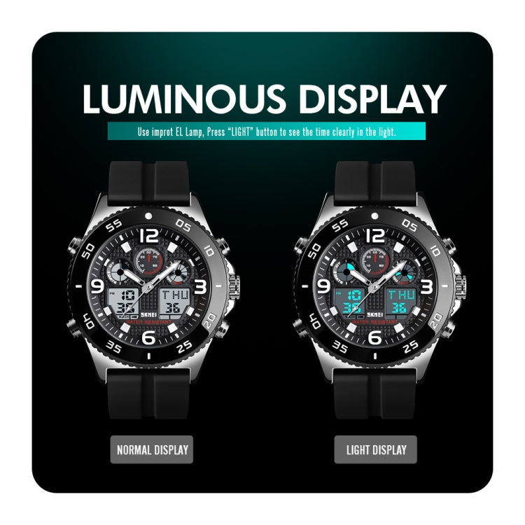 SKMEI 1538 Multi-Function Time Large Dial Steel Belt Men Casual Sports Electronic Watch(Silver-Silicone Belt)