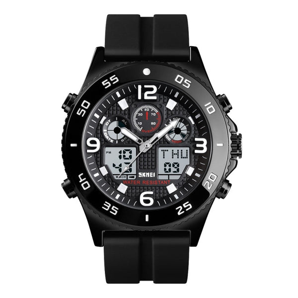 SKMEI 1538 Multi-Function Time Large Dial Steel Belt Men Casual Sports Electronic Watch(Black-Silicone Belt)