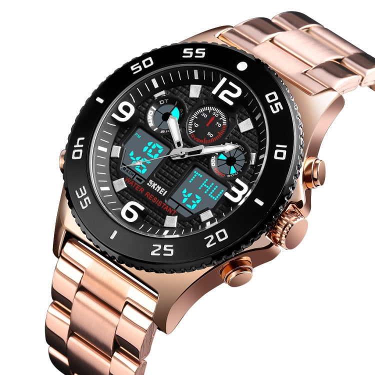SKMEI 1538 Multi-Function Time Large Dial Steel Belt Men Casual Sports Electronic Watch(Rose Gold-Steel Belt)