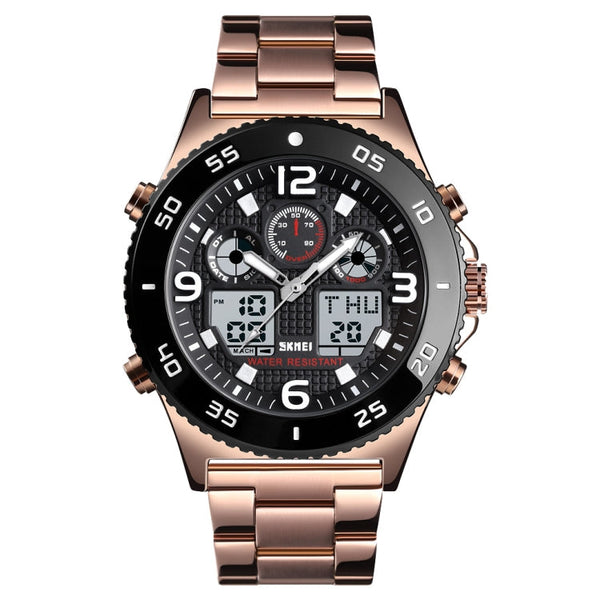 SKMEI 1538 Multi-Function Time Large Dial Steel Belt Men Casual Sports Electronic Watch(Rose Gold-Steel Belt)