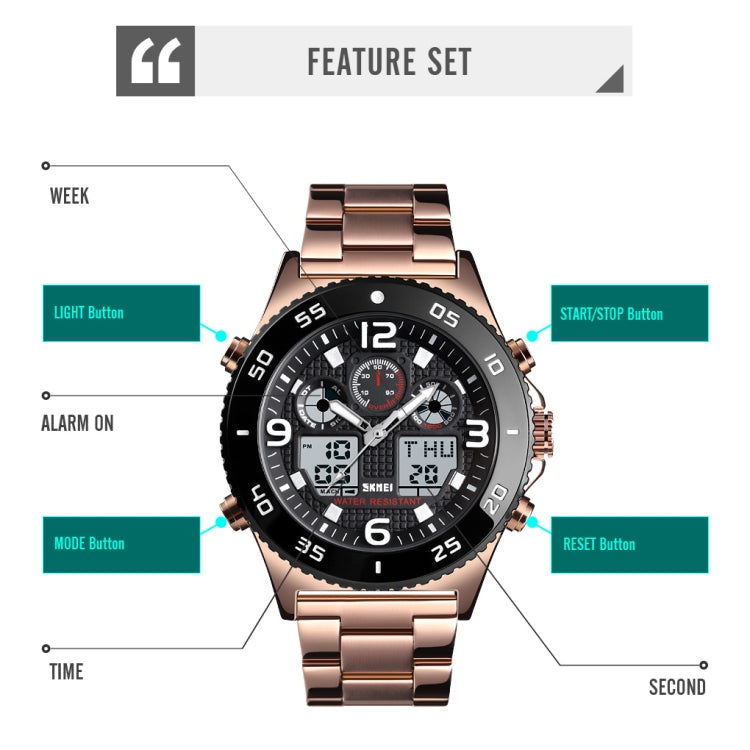 SKMEI 1538 Multi-Function Time Large Dial Steel Belt Men Casual Sports Electronic Watch(Rose Gold-Steel Belt)