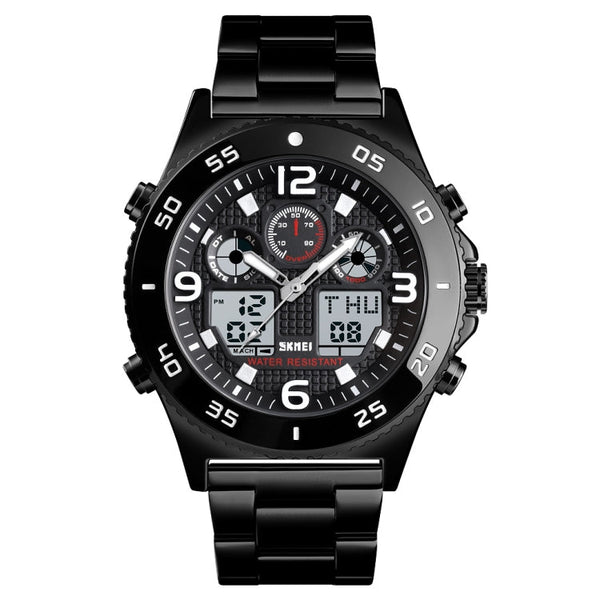 SKMEI 1538 Multi-Function Time Large Dial Steel Belt Men Casual Sports Electronic Watch(Black-Steel Belt)