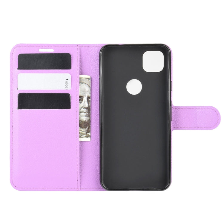 For Google Pixel 4a Litchi Texture Horizontal Flip Protective Case with Holder & Card Slots & Wallet(Purple)