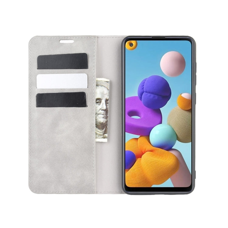 For Galaxy A21s Retro-skin Business Magnetic Suction Leather Case with Holder & Card Slots & Wallet(Grey)