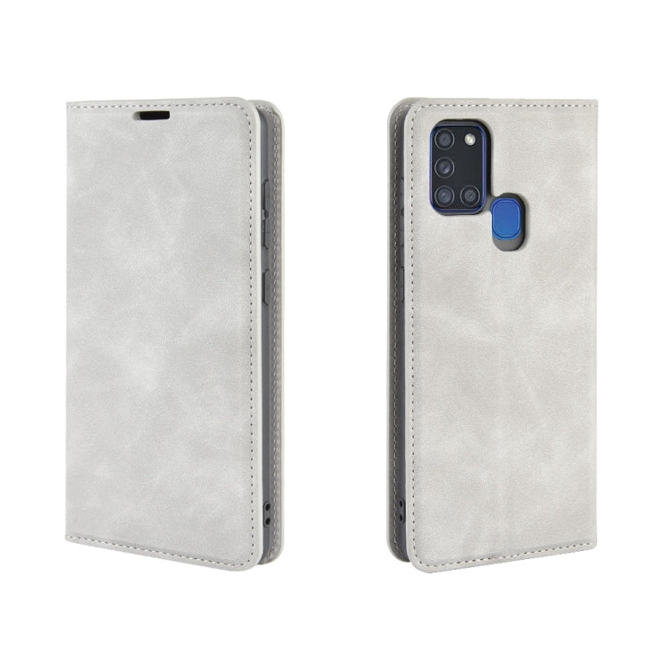 For Galaxy A21s Retro-skin Business Magnetic Suction Leather Case with Holder & Card Slots & Wallet(Grey)