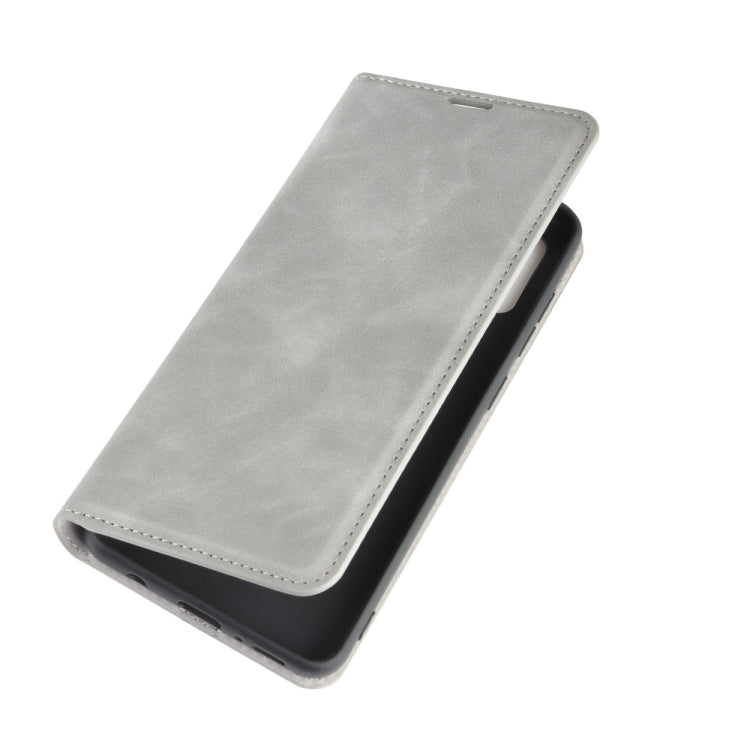 For Galaxy A21s Retro-skin Business Magnetic Suction Leather Case with Holder & Card Slots & Wallet(Grey)