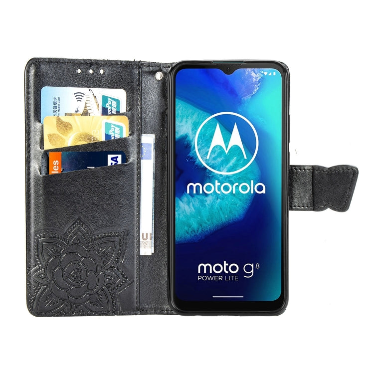 For Moto G8 Power Lite Butterfly Love Flower Embossed Horizontal Flip Leather Case with Bracket / Card Slot / Wallet / Lanyard(Black)