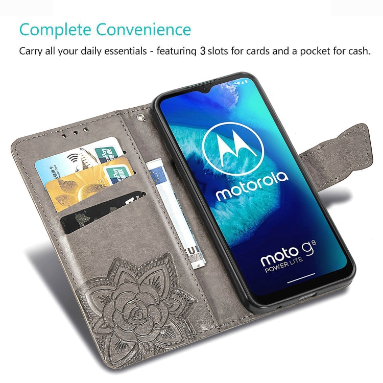 For Moto G8 Power Lite Butterfly Love Flower Embossed Horizontal Flip Leather Case with Bracket / Card Slot / Wallet / Lanyard(Black)