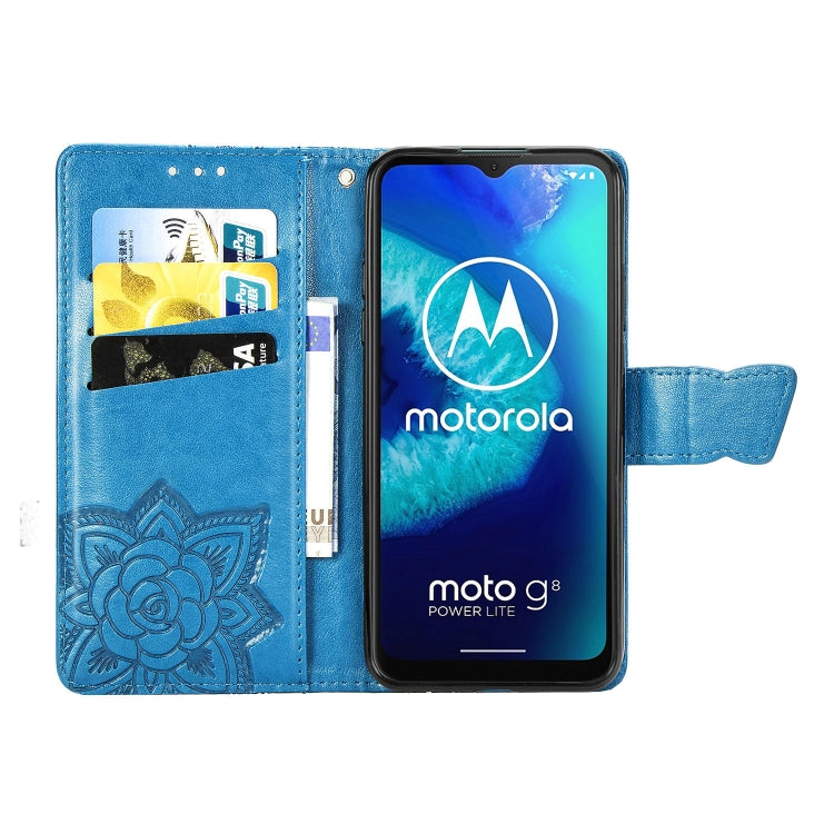 For Moto G8 Power Lite Butterfly Love Flower Embossed Horizontal Flip Leather Case with Bracket / Card Slot / Wallet / Lanyard(Blue)