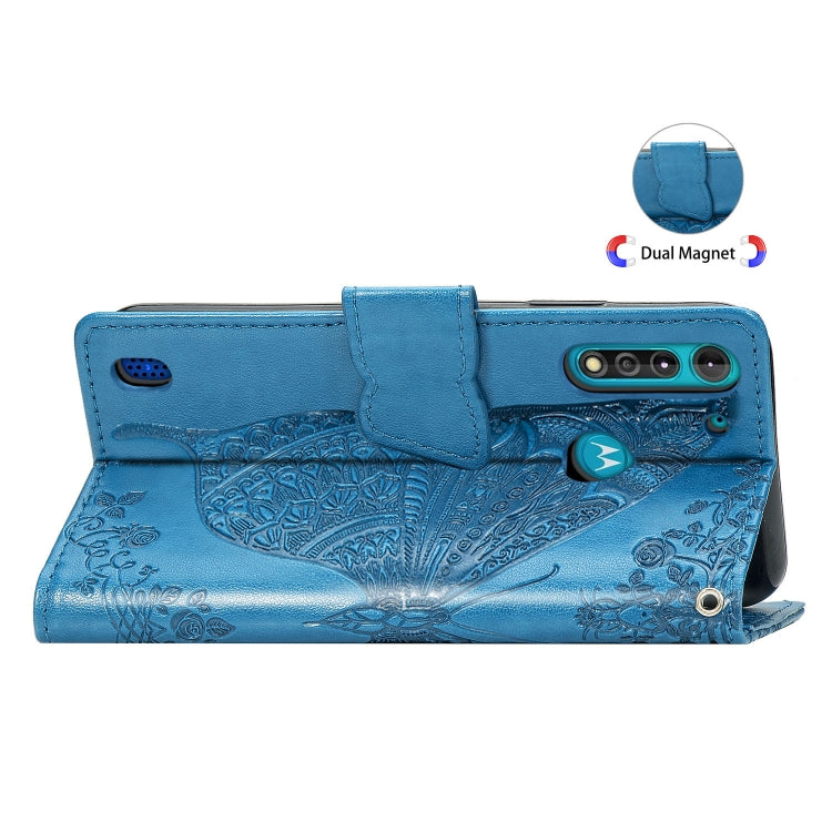 For Moto G8 Power Lite Butterfly Love Flower Embossed Horizontal Flip Leather Case with Bracket / Card Slot / Wallet / Lanyard(Blue)