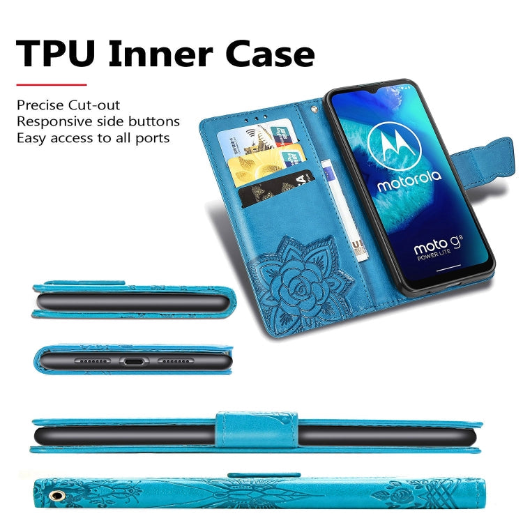 For Moto G8 Power Lite Butterfly Love Flower Embossed Horizontal Flip Leather Case with Bracket / Card Slot / Wallet / Lanyard(Blue)