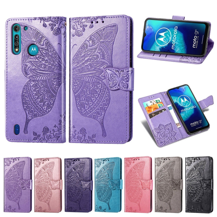 For Moto G8 Power Lite Butterfly Love Flower Embossed Horizontal Flip Leather Case with Bracket / Card Slot / Wallet / Lanyard(Gray)