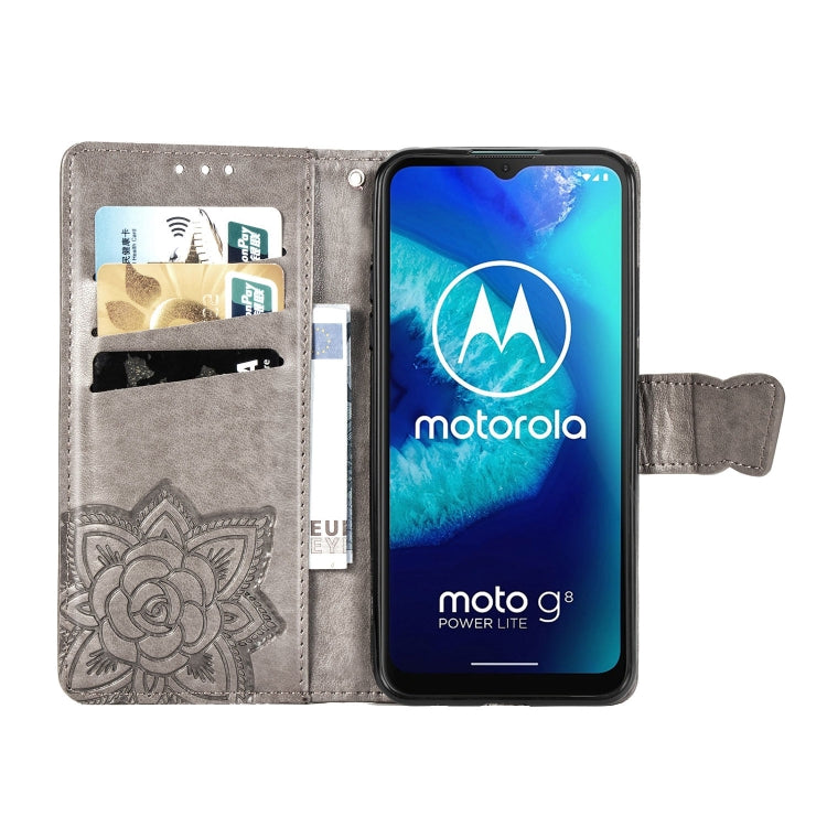 For Moto G8 Power Lite Butterfly Love Flower Embossed Horizontal Flip Leather Case with Bracket / Card Slot / Wallet / Lanyard(Gray)